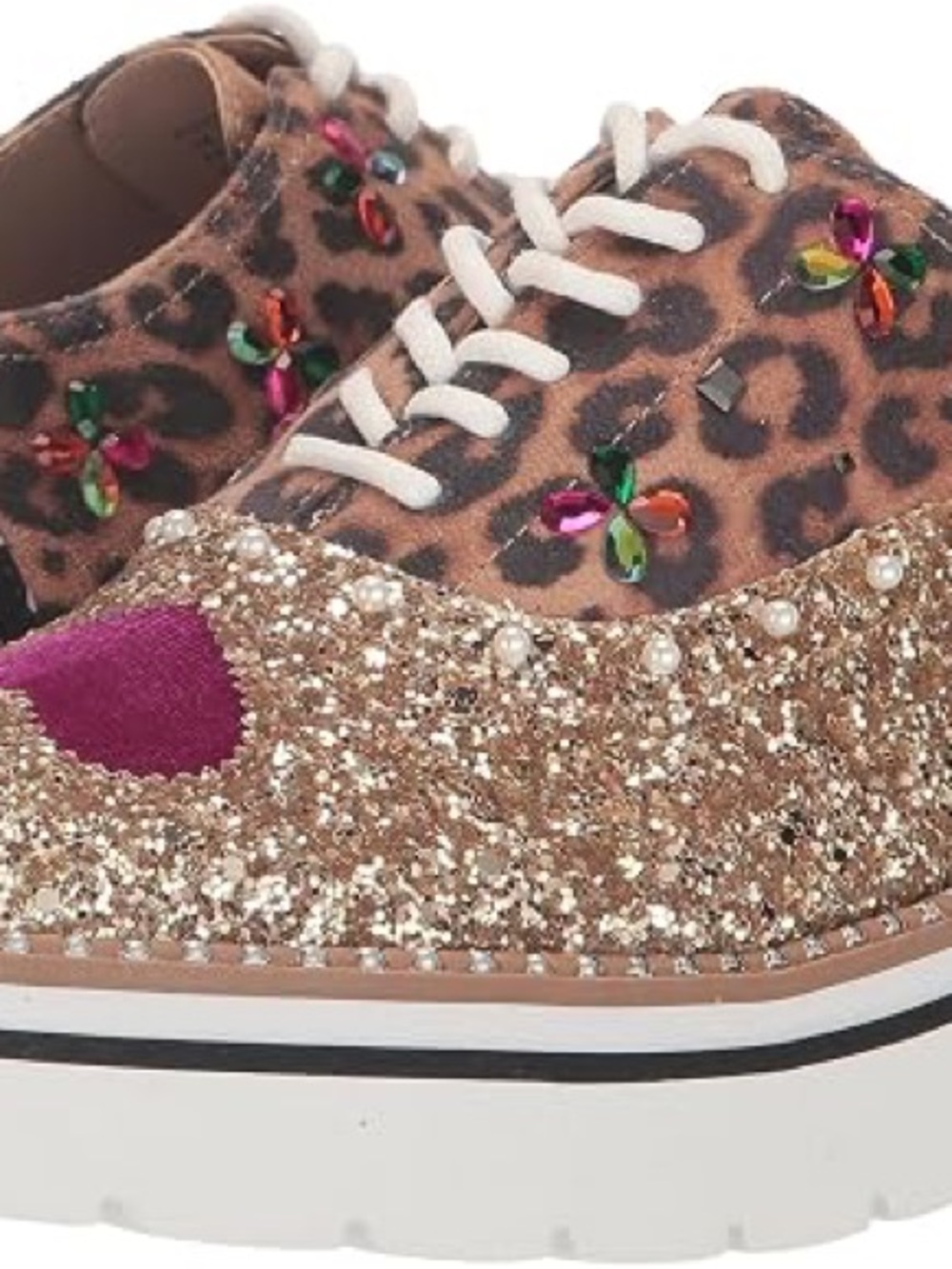 Betsey Johnson Gold Glitter Leopard Platform Sneaker with Multicolor Gem Flowers - Picture 9 of 16